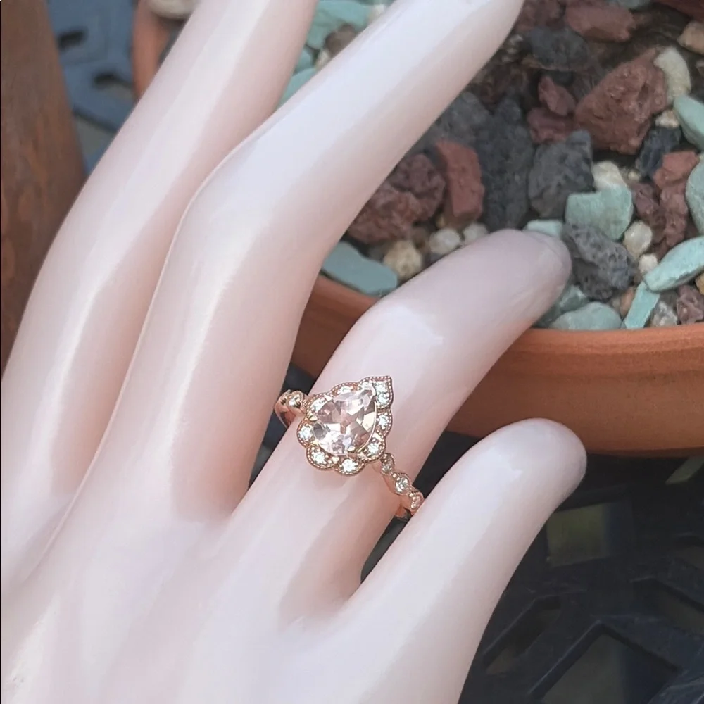 Pear Cut 1.25 tcw Morganite & Diamond Ring 14k Rose GP Sterling Silver Size 7 - Picture 1 of 13